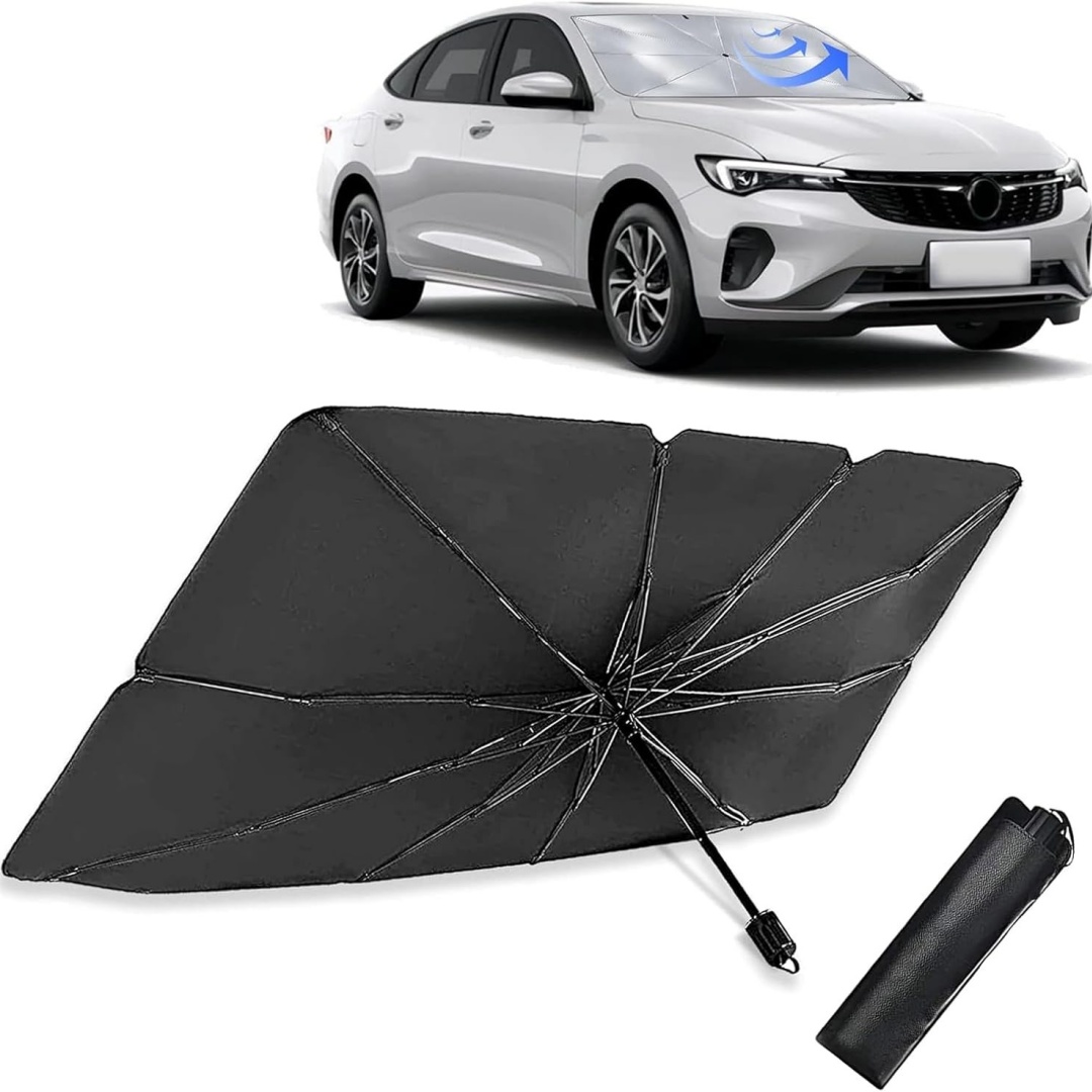 Car Sunshade Windshield Umbrella Foldable - フロントガラス用サンシェード傘、3層グラフェン10リブ折りたたみ式カーサンシェード、99％紫外線＆熱遮断、無臭、傷つきにくいシリコン、中型サイズで車内を涼しく保つ、セダン、SUV、トラック（55.1インチ×31.9インチ）