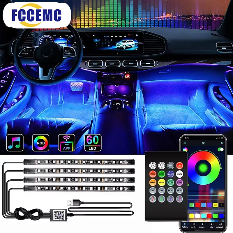 Led Ambient Interior Car Lights App Control - RGB バックライトリモートアプリ音楽制御自動装飾ランプネオン LED 車内アンビエントフットストリップライトキットアクセサリー
