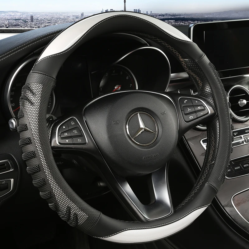 Car Steering Wheel Cover Anti Slip Breathable - 三次元ハニカム車のステアリングホイールカバー耐久性のあるレザーカバー滑り止め裏地付きユニバーサル 14.5-15 インチ