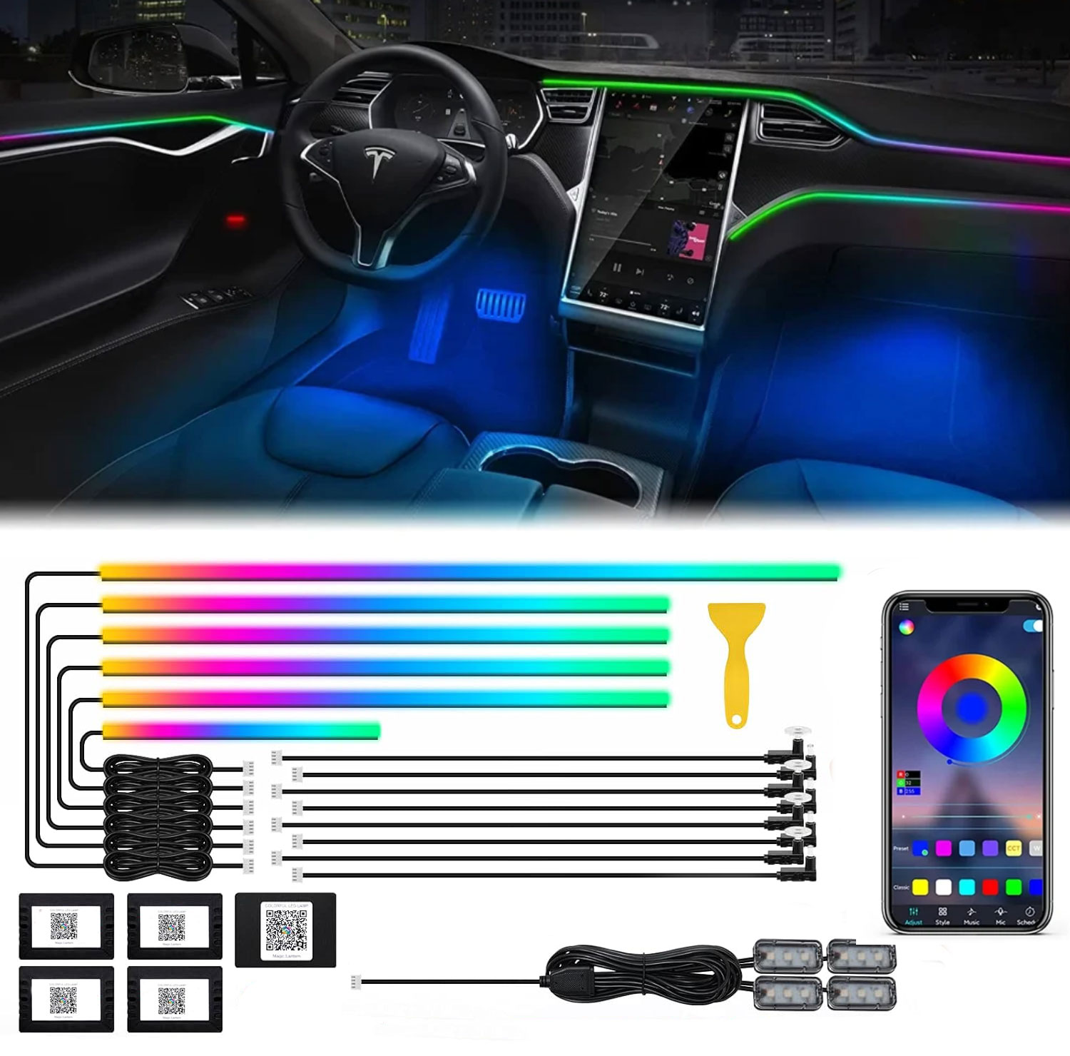 Led Ambient Interior Car Lights App Control - 蛍光灯,アクリルストリップ,光ガイド,光ファイバー,rgb,車の装飾,ムードランプ,18in 1