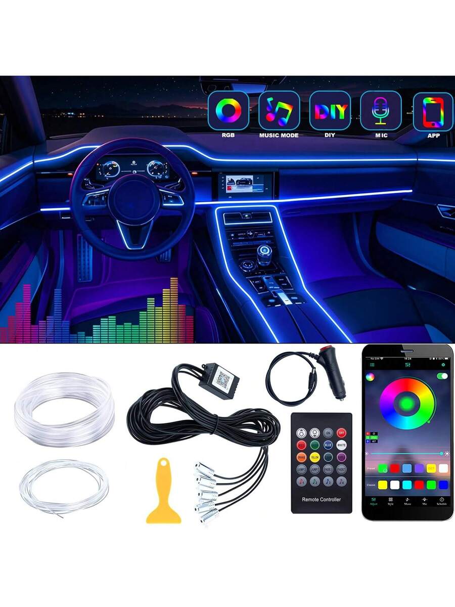 Led Ambient Interior Car Lights App Control - RGB 5-in-1アンビエント照明キット、236インチ光ファイバー8色車用ネオンライト、車内ネオンLEDライトストリップ、車内用