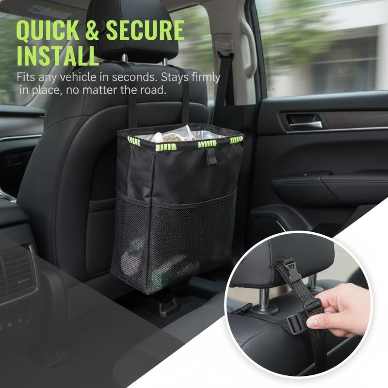 折りたたみ式車用ゴミ箱 収納ポケット付き 防水・漏れ防止：吊 - Waterproof Car Trash Can With Lid のレビューと価格
