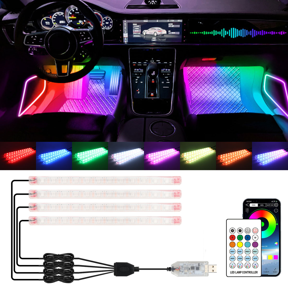 2/4in1 12/18 LED RGB レインボー雰囲気装 - Led Ambient Interior Car Lights App Control のレビューと価格