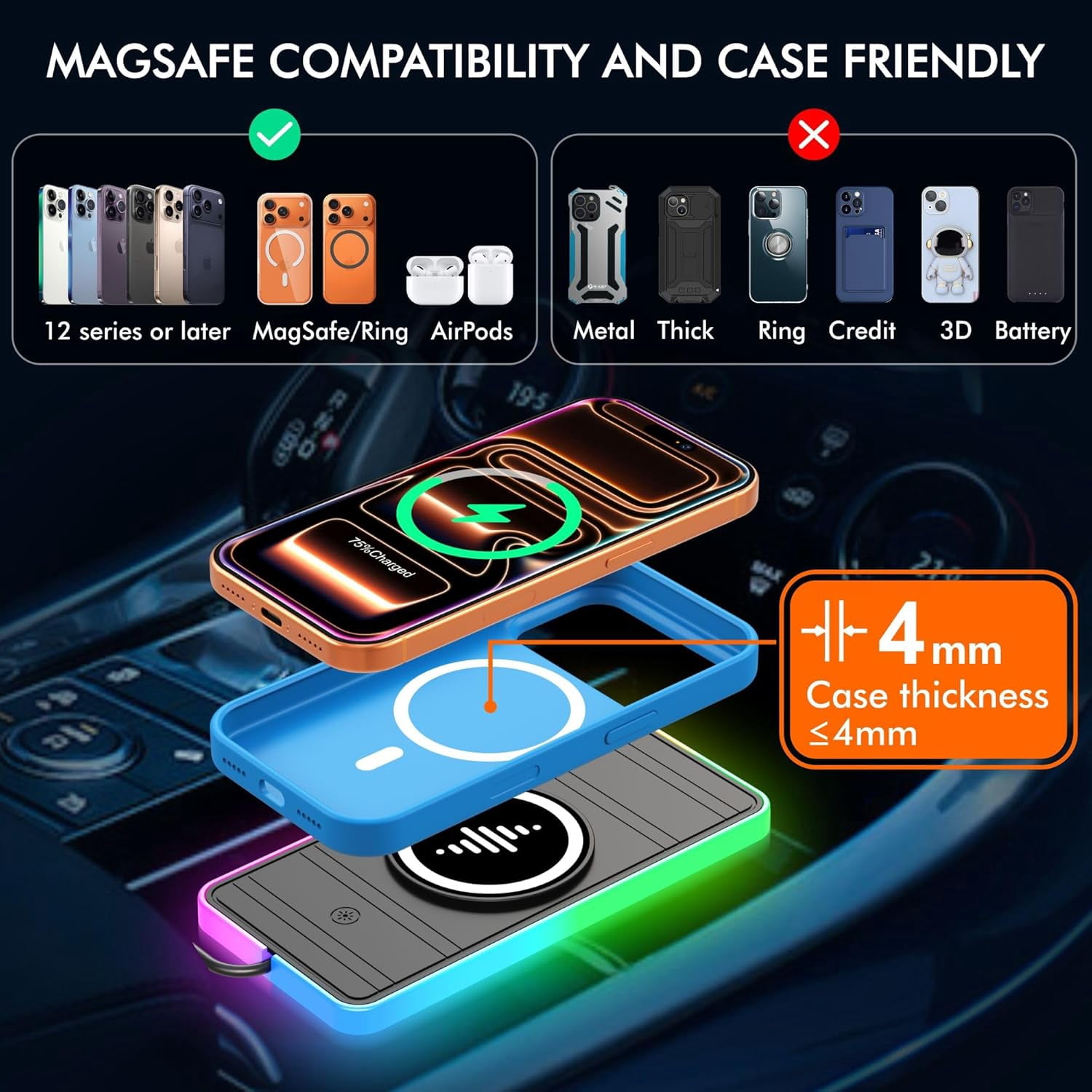 15Wマグネット式ワイヤレスカーチャージャーパッド RGBパ - Wireless Car Charger Mount Fast Charging のレビューと価格