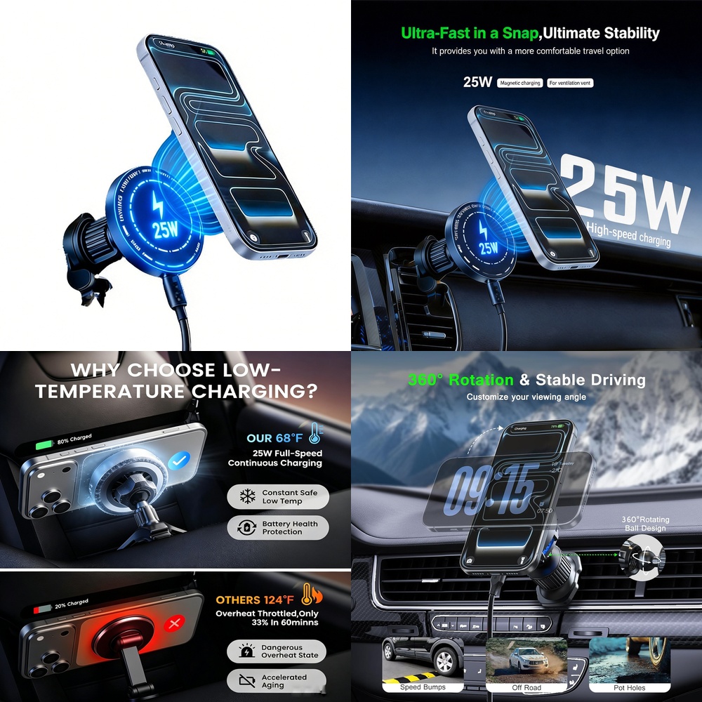 強力25W磁気ワイヤレスカーチャージャー iPhone 17 - Magnetic Phone Holder For Car Vent のレビューと価格